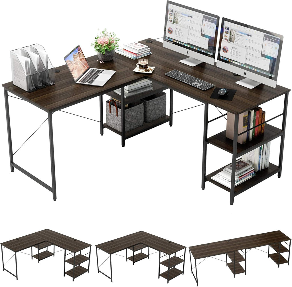 L Shaped Gaming Desk with Shelves 95.2 Inch Reversible Corner Computer Desk P90313
