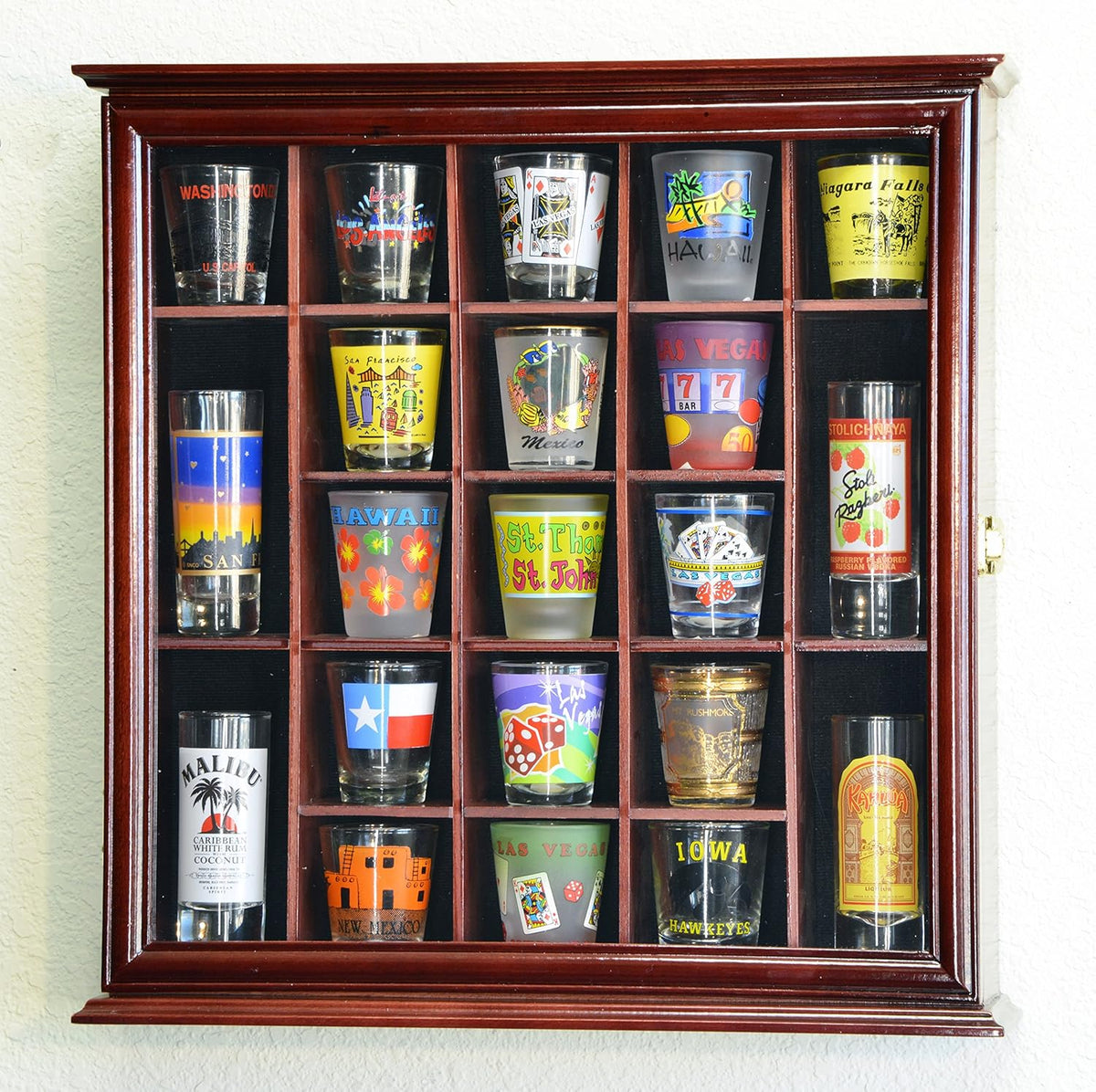 Cherry 21 Shot Glass Display Case Cabinet Wall Rack T174
