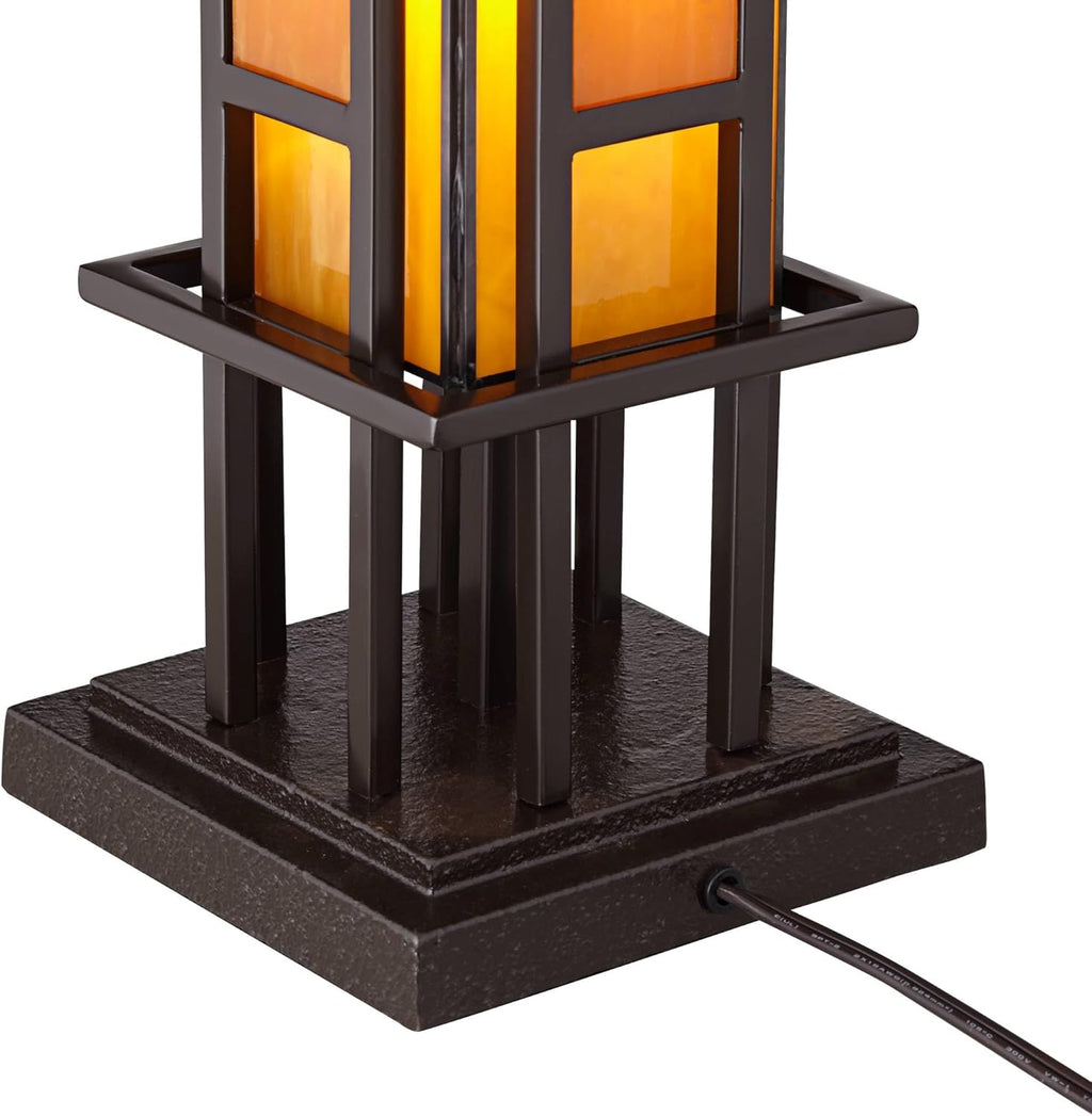Bronze Iron Column Accent Table Lamp with Amber Stained Art Glass Y122512