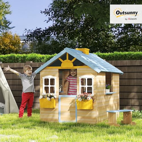 Wooden Playhouse with Working Door Windows Bench J437056