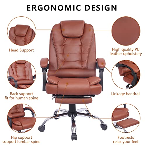 Big and Tall Office Chair with Foot Rest, Ergonomic Executive High Back Reclining Leather Computer Chair (Brown) Y403376