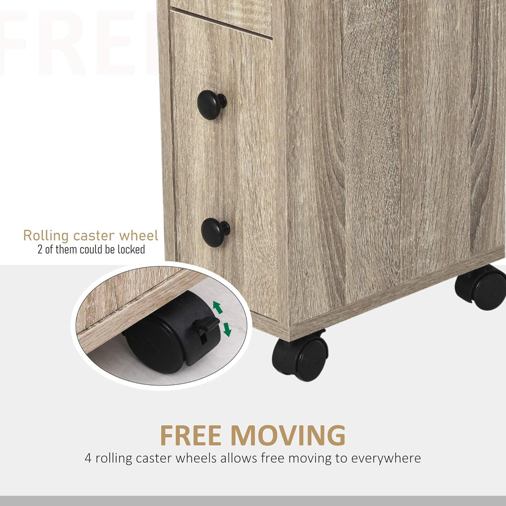 Oak Grain Color Freestanding Bathroom Cabinet with 2 Open Cabinets, 1 Door Cabinet, 1 Drawer and 4 Rolling Wheels B432600