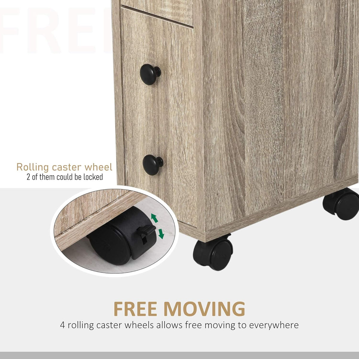 Oak Grain Color Freestanding Bathroom Cabinet with 2 Open Cabinets, 1 Door Cabinet, 1 Drawer and 4 Rolling Wheels B432600