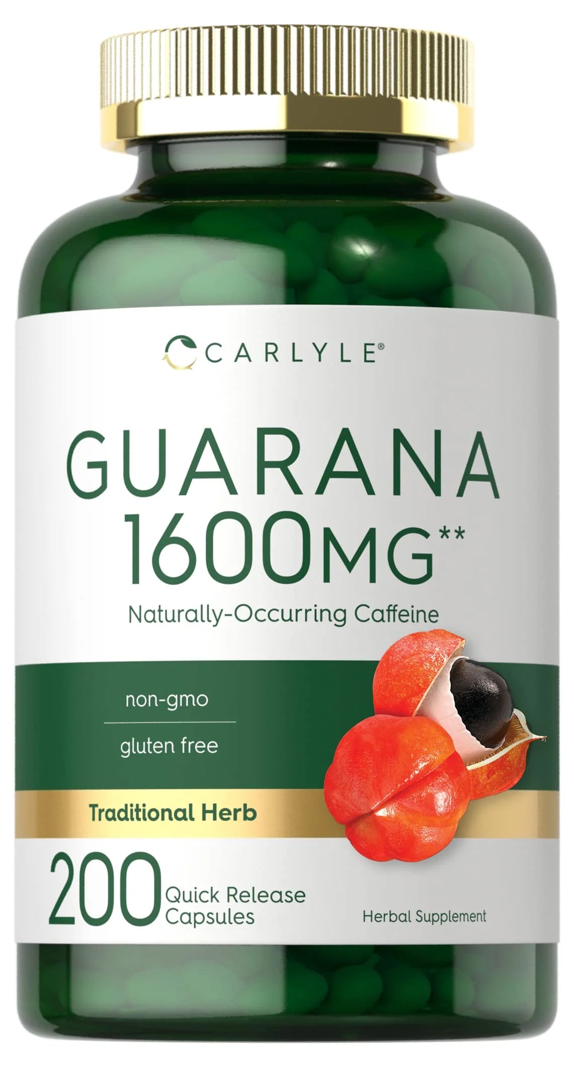 Guarana Extract Capsules 1600mg 200 Count Non-GMO Gluten Free Q51980