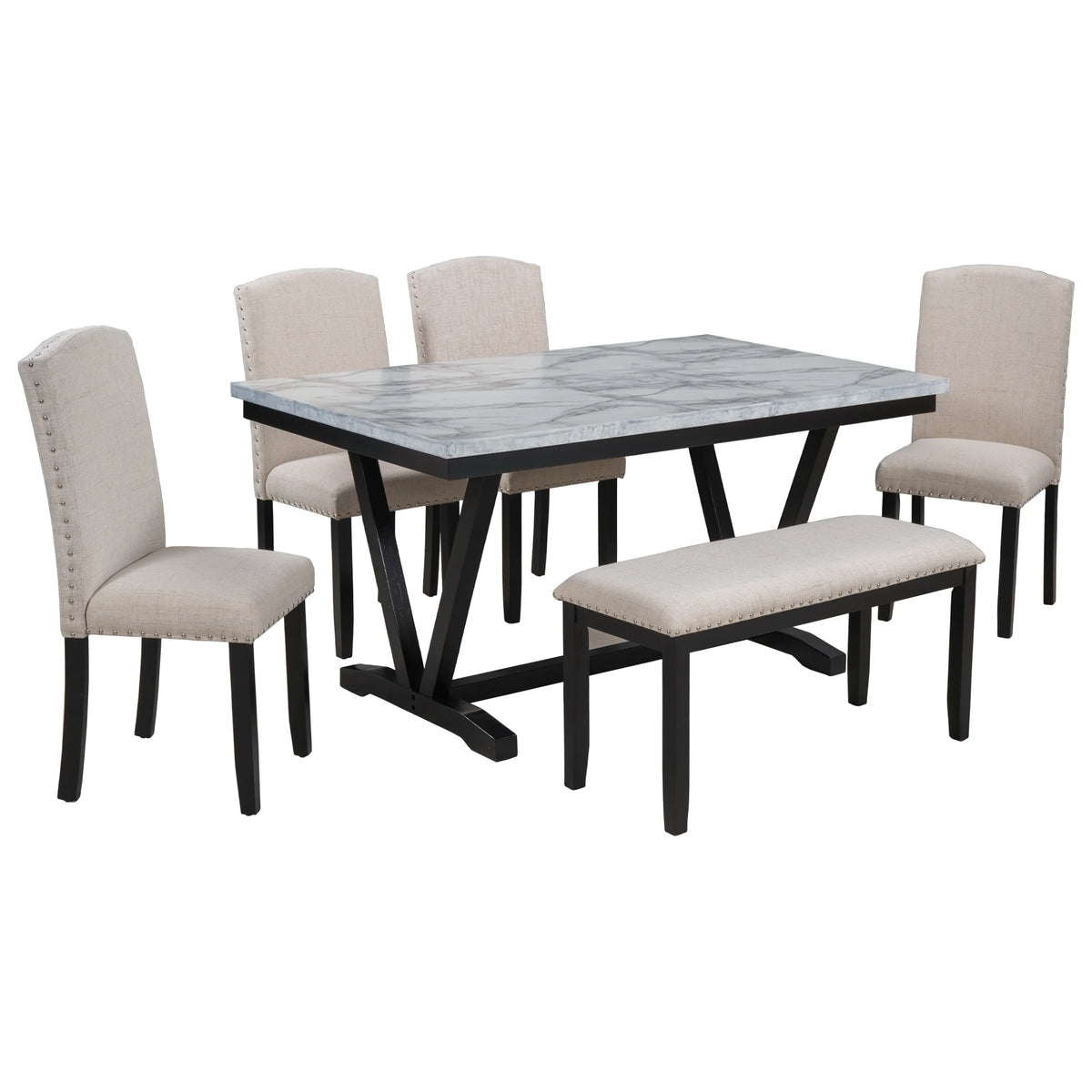 6-piece Dining Table with 4 Chairs & 1 Bench, White E52212