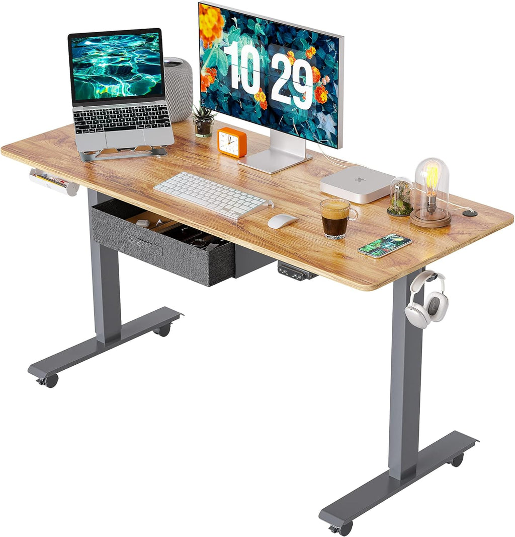Adjustable Height Electric Standing Desk with Drawer, 55 x 24 Inches Black Steel Frame/Rustic Brown Tabletop F7405
