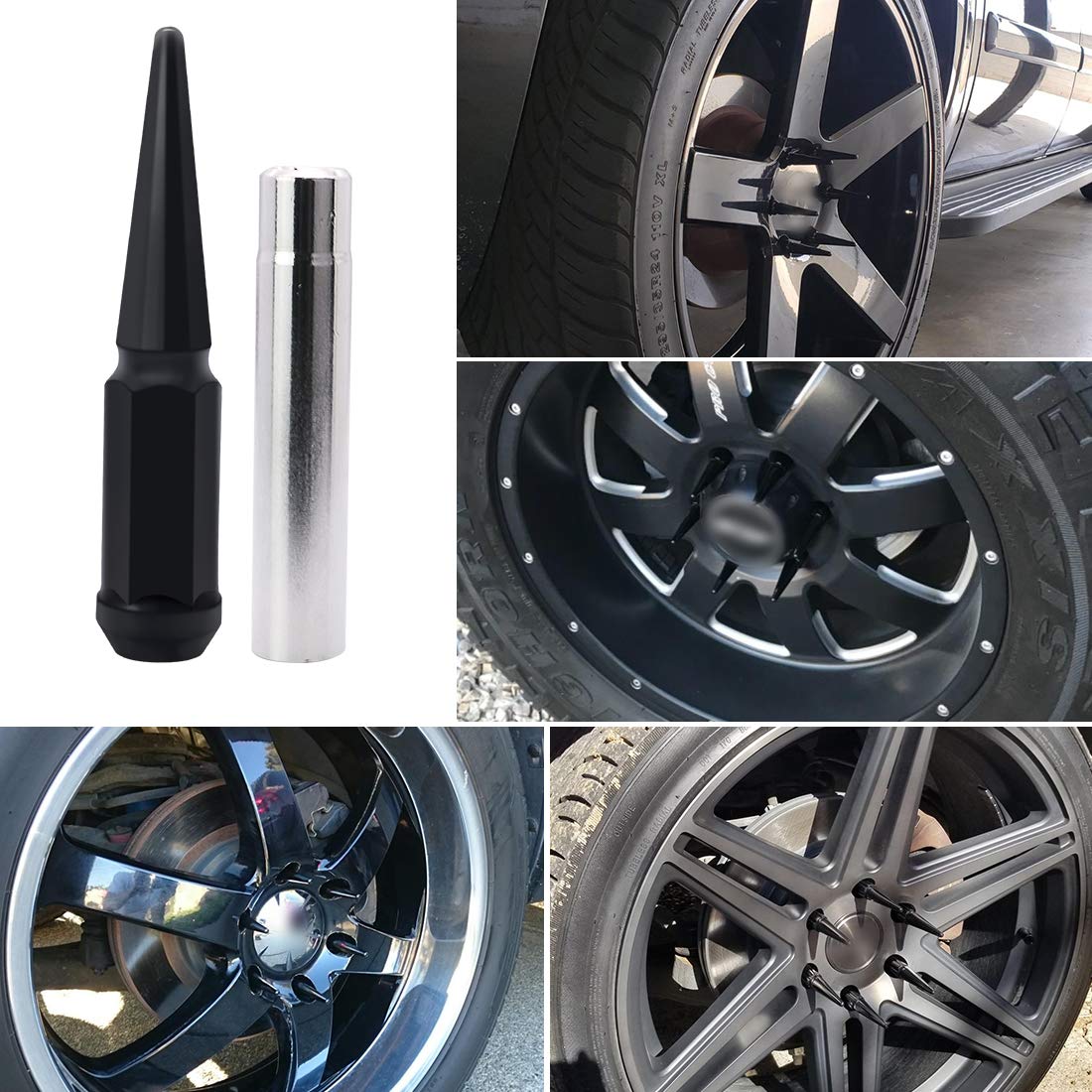 24 x Black M14x1.5 Solid Metal Wheel Spike Lug Nuts S7174