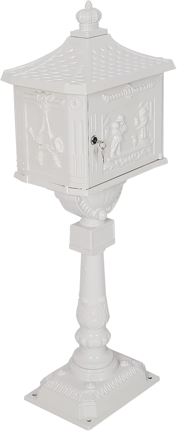 White Cast Aluminum Mailbox with Post and Locking Keys T9038