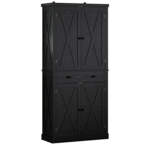 White Kitchen Pantry Storage Cabinet with Barn Doors and Drawer Q266