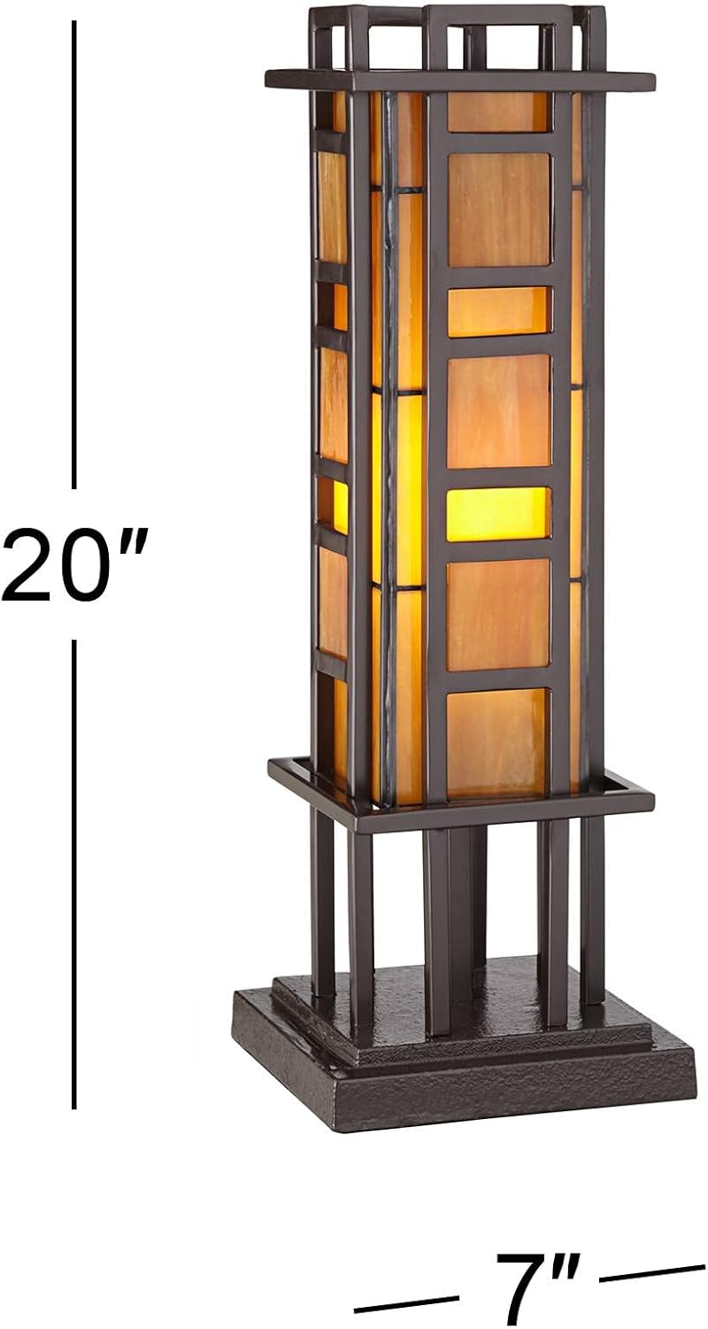 Bronze Iron Column Accent Table Lamp with Amber Stained Art Glass Y122512
