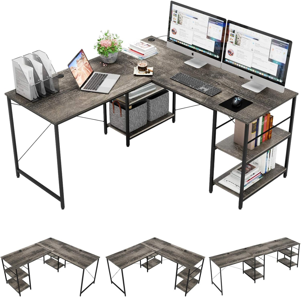L Shaped Gaming Desk with Shelves 95.2 Inch Reversible Corner Computer Desk P90313
