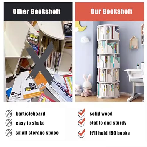 5 Tier White Solid Wood Rotating Bookshelf Y346244