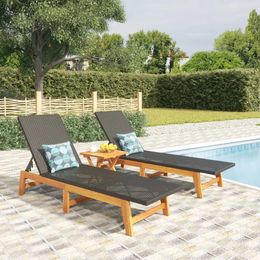 Black and Brown Poly Rattan and Solid Wood Acacia Sun Loungers 2 pcs A740124