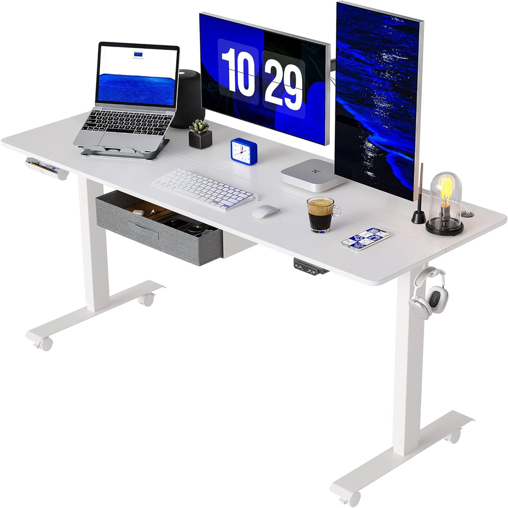 Adjustable Height Electric Standing Desk with Drawer, 55 x 24 Inches Black Steel Frame/Rustic Brown Tabletop F7405