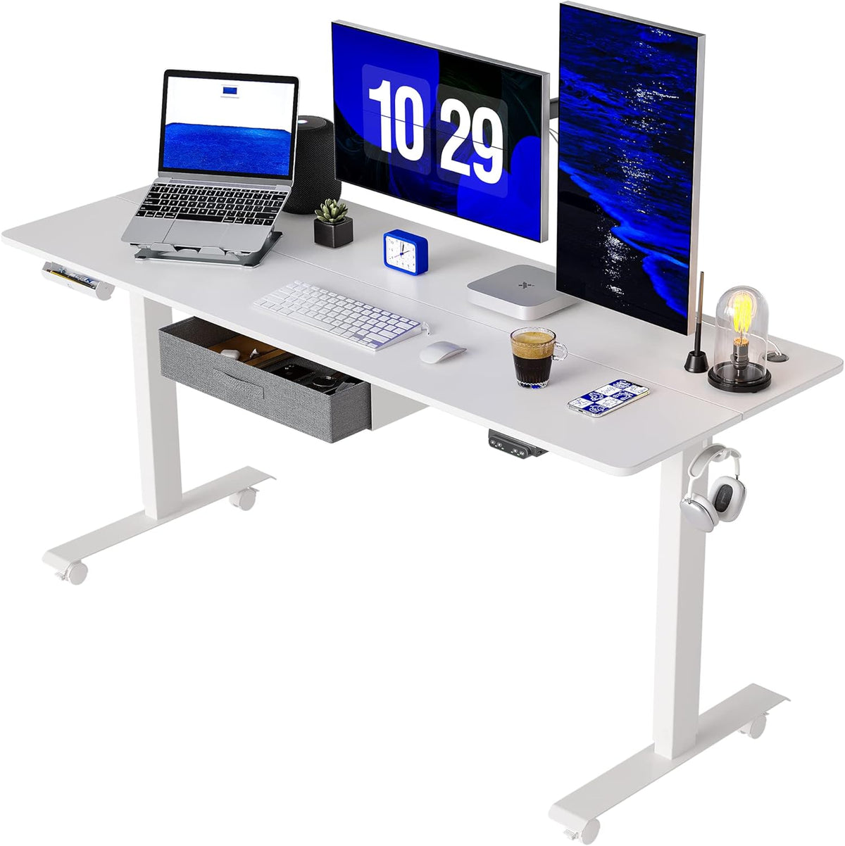 Adjustable Height Electric Standing Desk with Drawer, 55 x 24 Inches Black Steel Frame/Rustic Brown Tabletop F7405