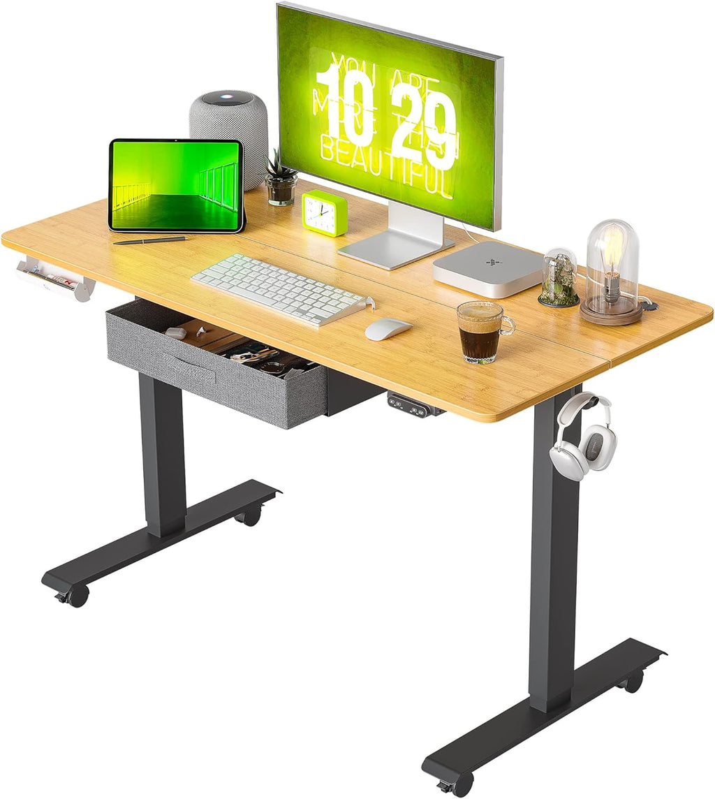 Adjustable Height Electric Standing Desk with Drawer, 55 x 24 Inches Black Steel Frame/Rustic Brown Tabletop F7405