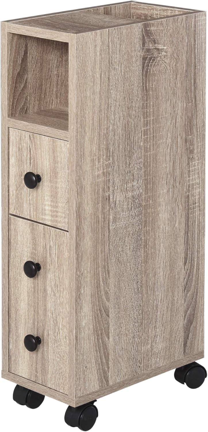 Oak Grain Color Freestanding Bathroom Cabinet with 2 Open Cabinets, 1 Door Cabinet, 1 Drawer and 4 Rolling Wheels B432600