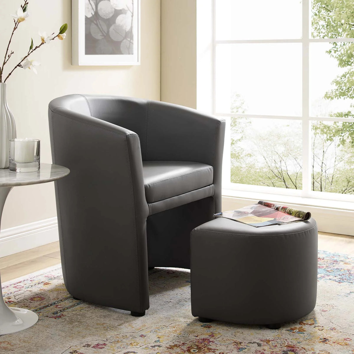 Grey Faux Leather Armchair and Ottoman A673