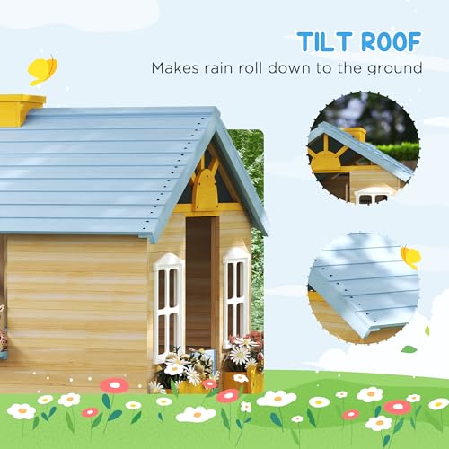 Wooden Playhouse with Working Door Windows Bench J437056