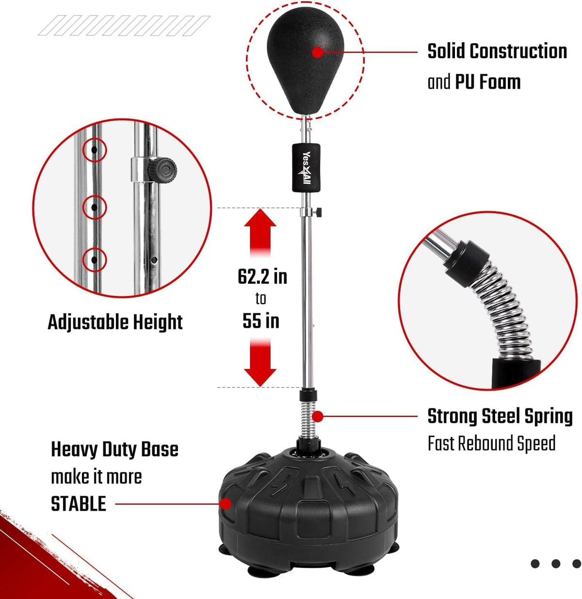 Punching Bag with Stand, Adjustable Height, PU Leather Speed Reflex Ball F507
