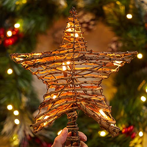 3D Rustic Rattan Christmas Tree Star Topper with 10 Bulbs H832