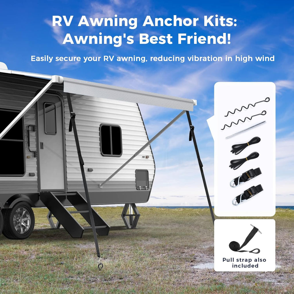 RV Awning Replacement Fabric with Anchor Kits & Pull Tension Strap, Gray D344162