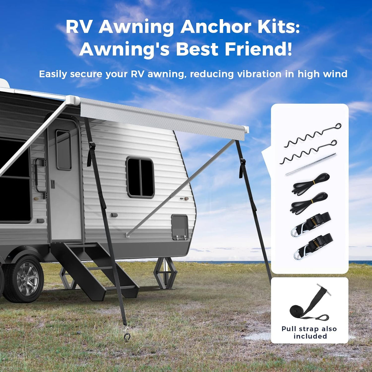 RV Awning Replacement Fabric with Anchor Kits & Pull Tension Strap, Gray D344162