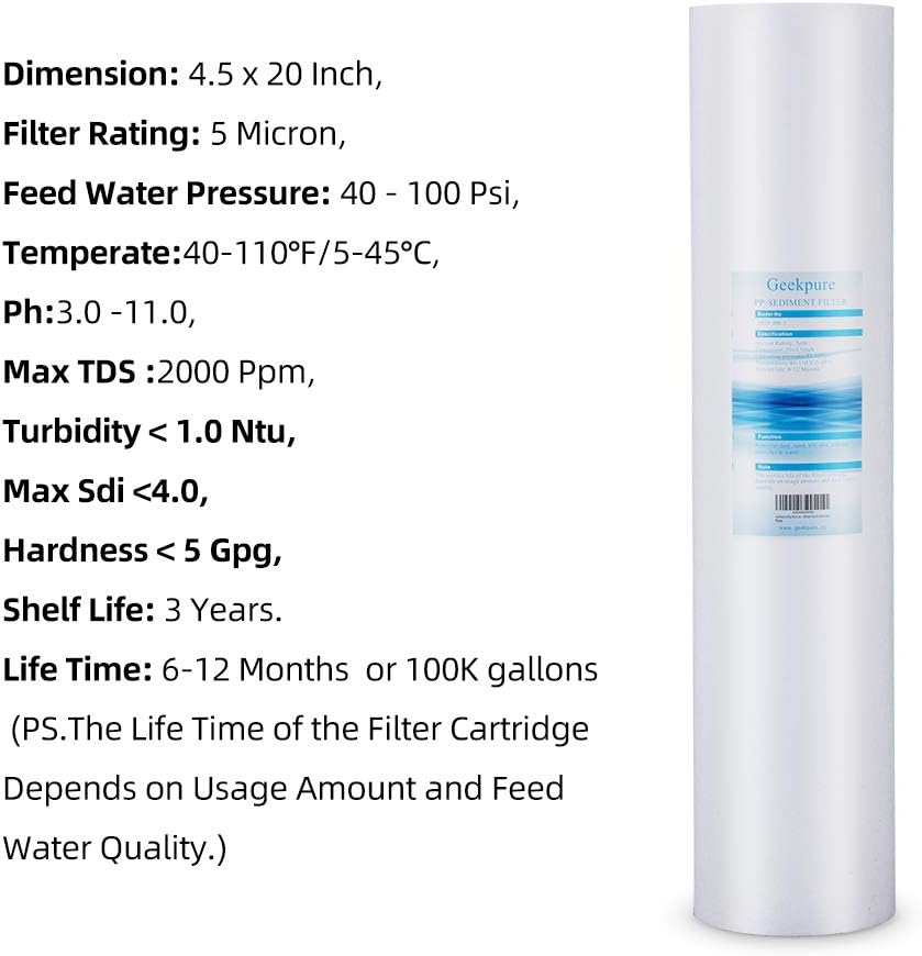20 Inch Whole House Replacement Water Filter Cartridges PP Sediment and Block Carbon Filters 5 Micron Pack of 6 C751351