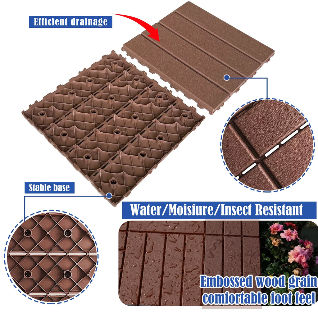 Interlocking Deck Tiles, 44 Pack Plastic Waterproof Outdoor Flooring, Dark Brown B403