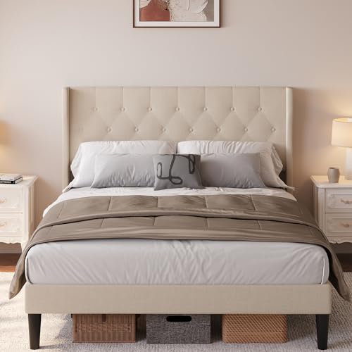 Beige Queen Size Upholstered Bed Frame with Headboard W50283