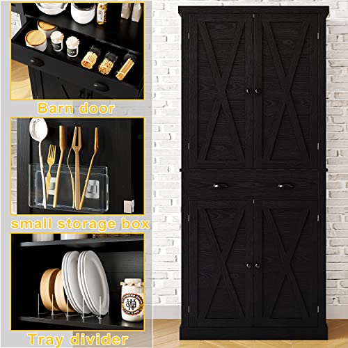 White Kitchen Pantry Storage Cabinet with Barn Doors and Drawer Q266