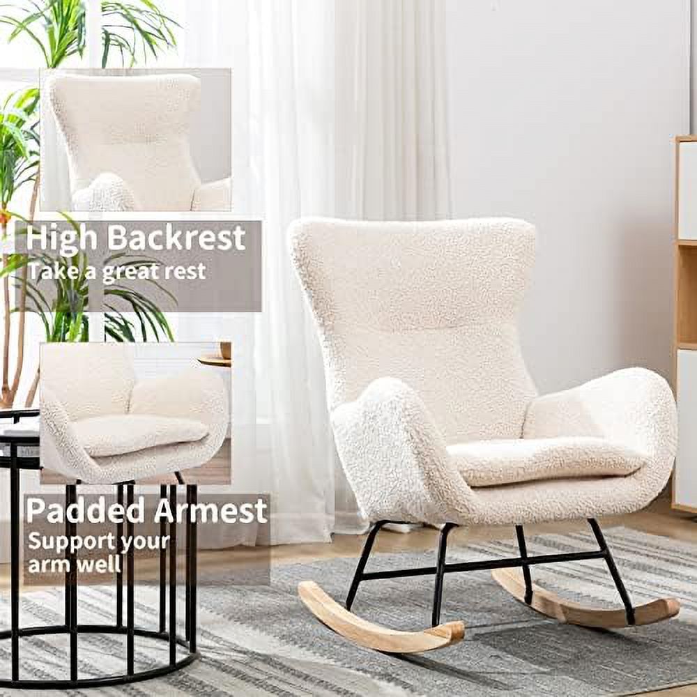 White Velvet Upholstered Glider Rocker Accent Chair with Side Pocket S496