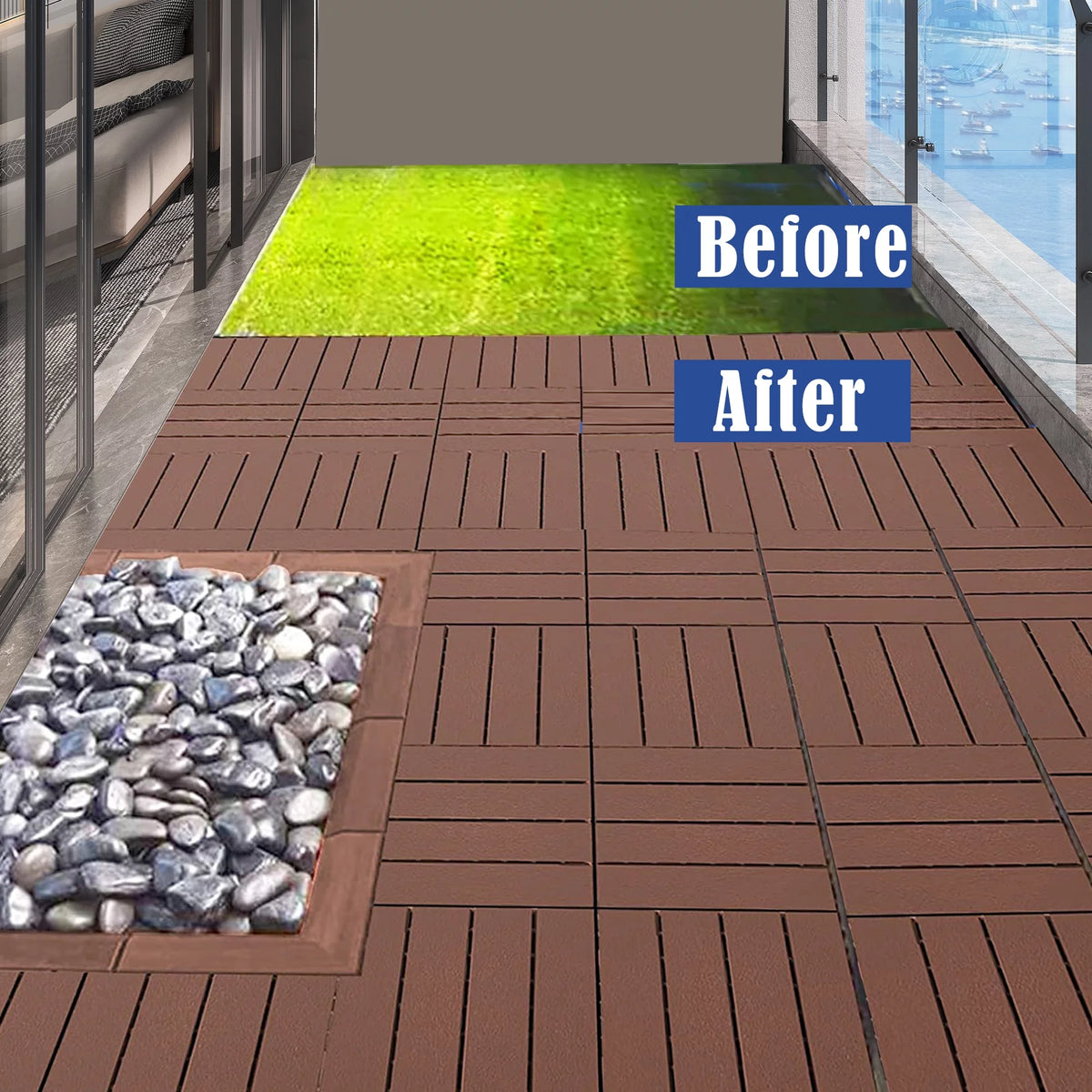 Interlocking Deck Tiles, 44 Pack Plastic Waterproof Outdoor Flooring, Dark Brown B403