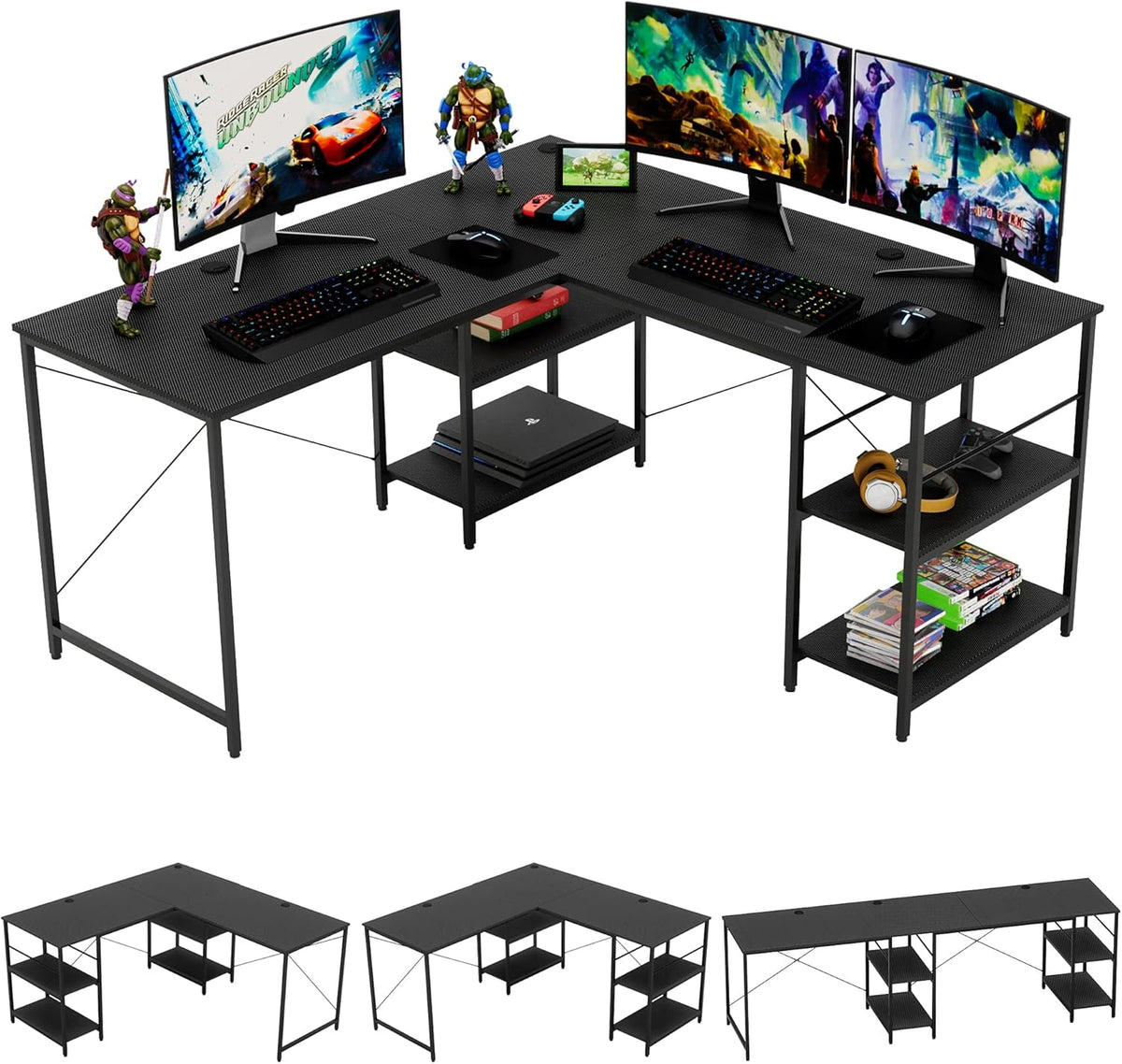 L Shaped Gaming Desk with Shelves 95.2 Inch Reversible Corner Computer Desk P90313