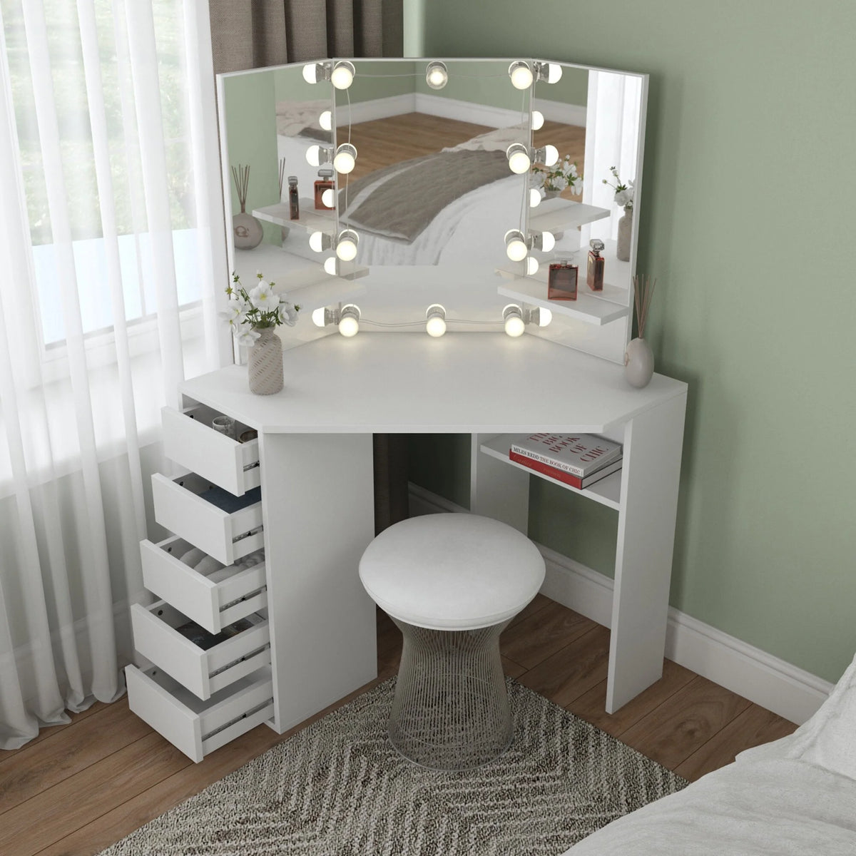 Corner Makeup Vanity Desk with 5 Drawers K41276