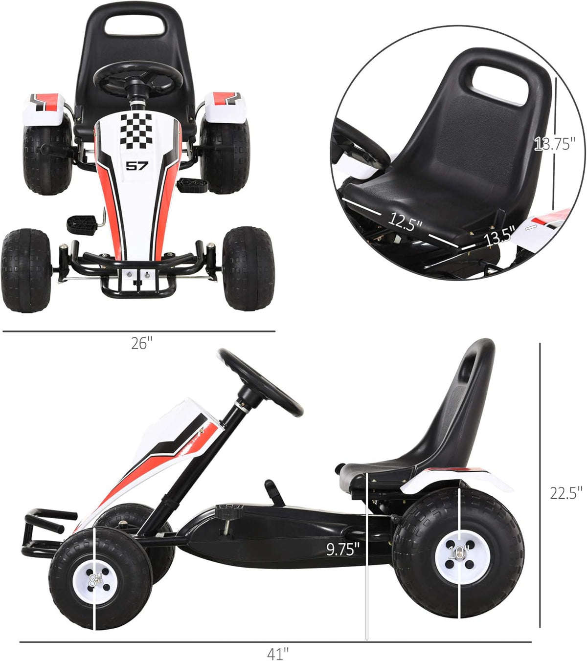 Pedal Go Kart Ride on Car with Adjustable Seat, Plastic Wheels, Handbrake and Shift Lever, Black Q246