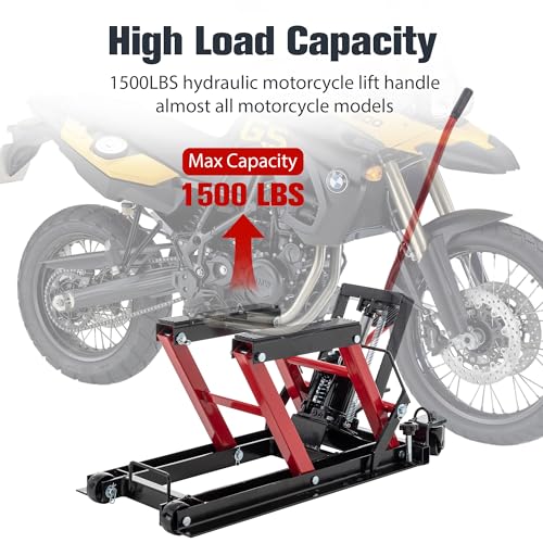Red Hydraulic Motorcycle Lift Jack 1500 LBS Capacity, Foot-Operated Scissor Lift Table, Adjustable Height S8343