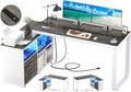 L Shaped Desk with Power Outlet and LED Strip, 55 Inch Reversible Corner Computer Desk with Drawers and Storage Shelves, Grey & White M5961