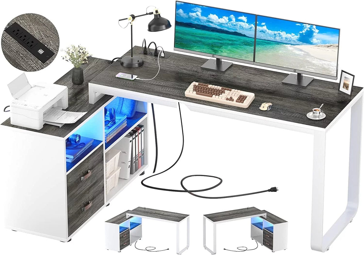 L Shaped Desk with Power Outlet and LED Strip, 55 Inch Reversible Corner Computer Desk with Drawers and Storage Shelves, Grey & White M5961