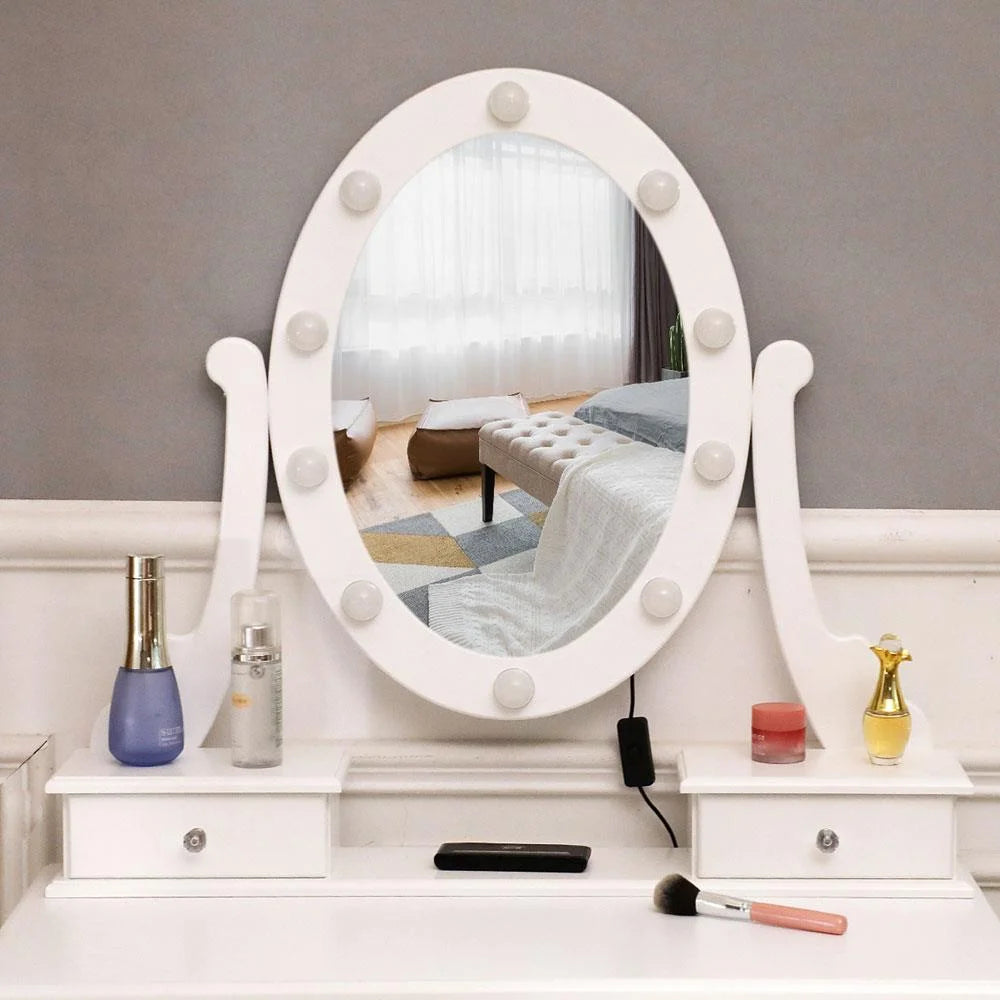 White Vanity Table Set with 5 Drawers and Cushioned Stool V84726