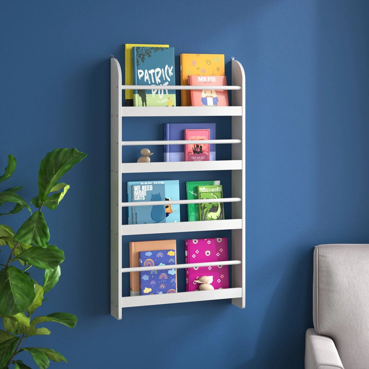 4-Tier White Wall Mounted Bookshelf Storage Rack Q9397