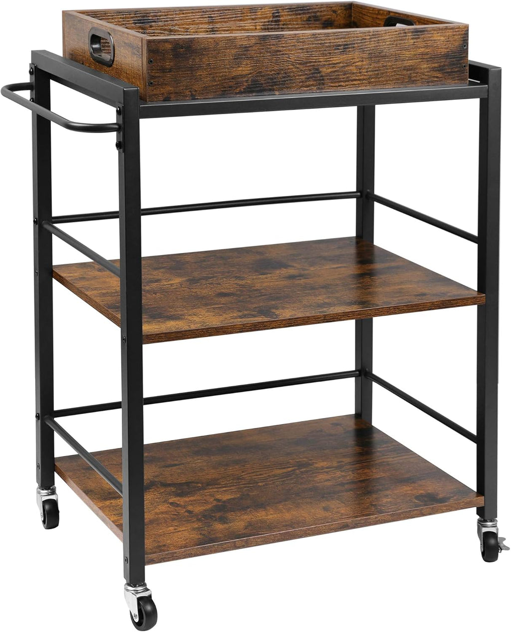 Rustic Brown 3-Tier Rolling Bar Cart with Removable Tray A581265