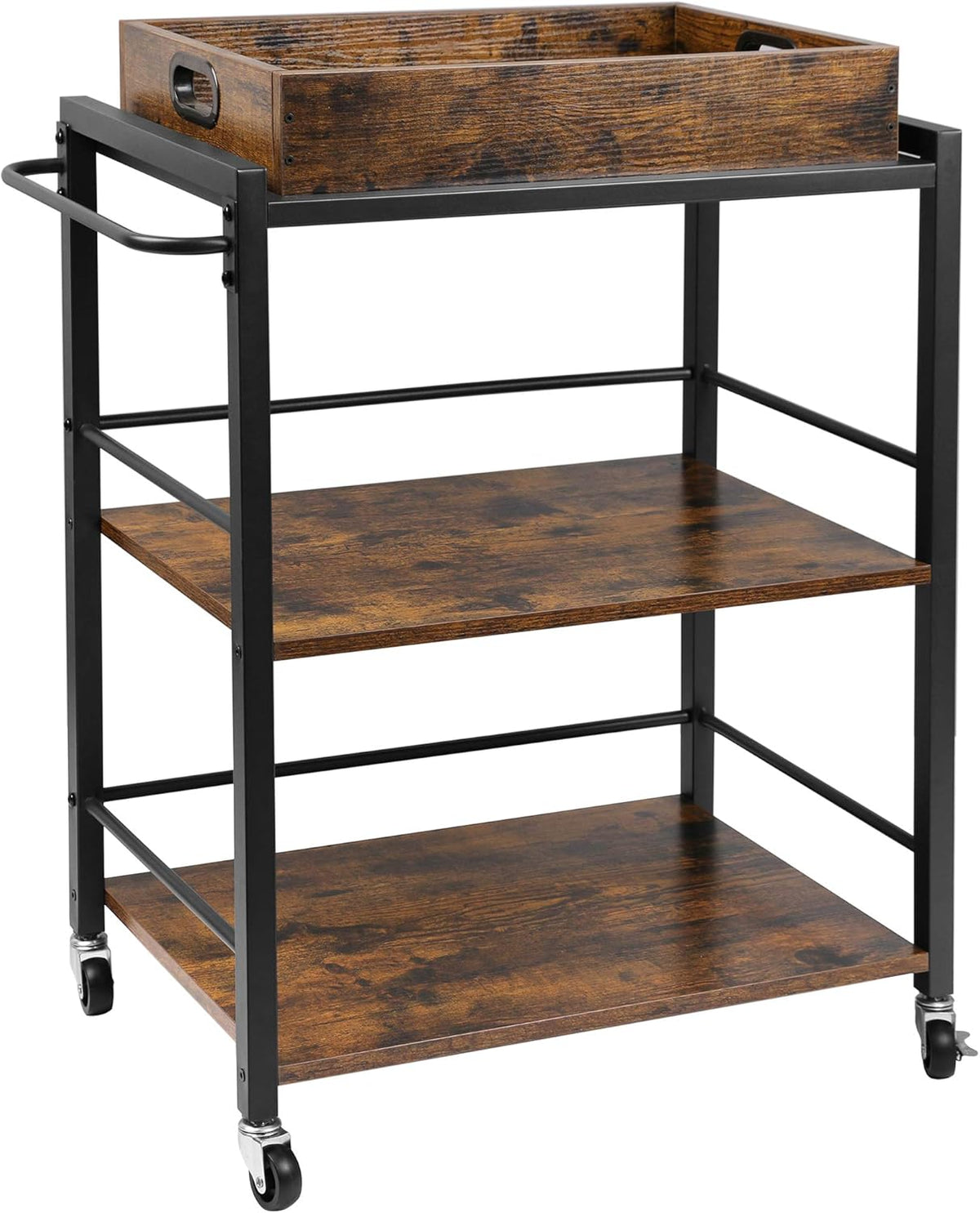 Rustic Brown 3-Tier Rolling Bar Cart with Removable Tray A581265