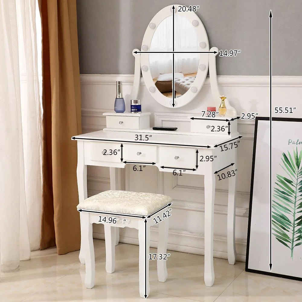 White Vanity Table Set with 5 Drawers and Cushioned Stool V84726
