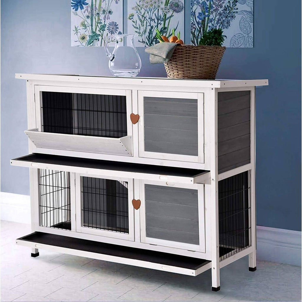 Grey 2 Story Wooden Rabbit Hutch with Ladder X5803