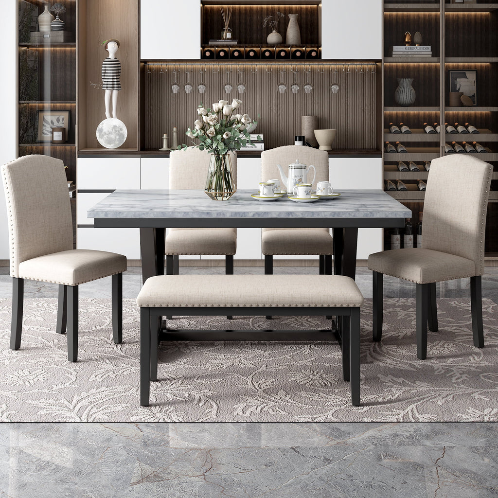 6-piece Dining Table with 4 Chairs & 1 Bench, White E52212