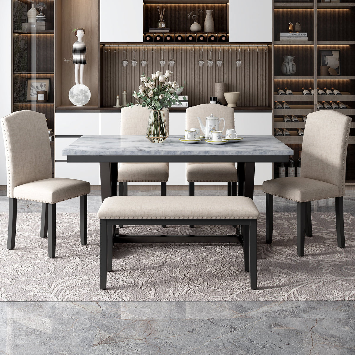 6-piece Dining Table with 4 Chairs & 1 Bench, White E52212