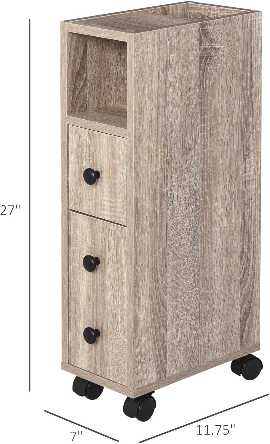 Oak Grain Color Freestanding Bathroom Cabinet with 2 Open Cabinets, 1 Door Cabinet, 1 Drawer and 4 Rolling Wheels B432600