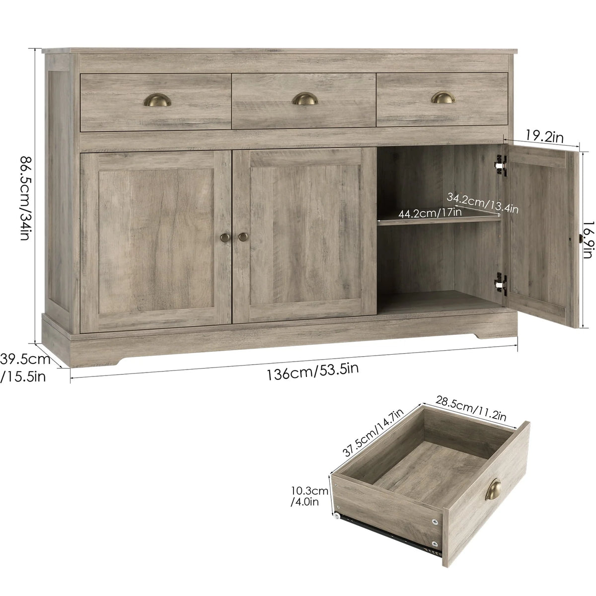 White 3 Drawer 3 Door Sideboard Storage Cabinet B305513