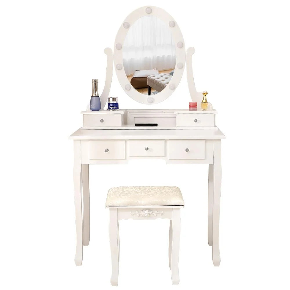White Vanity Table Set with 5 Drawers and Cushioned Stool V84726